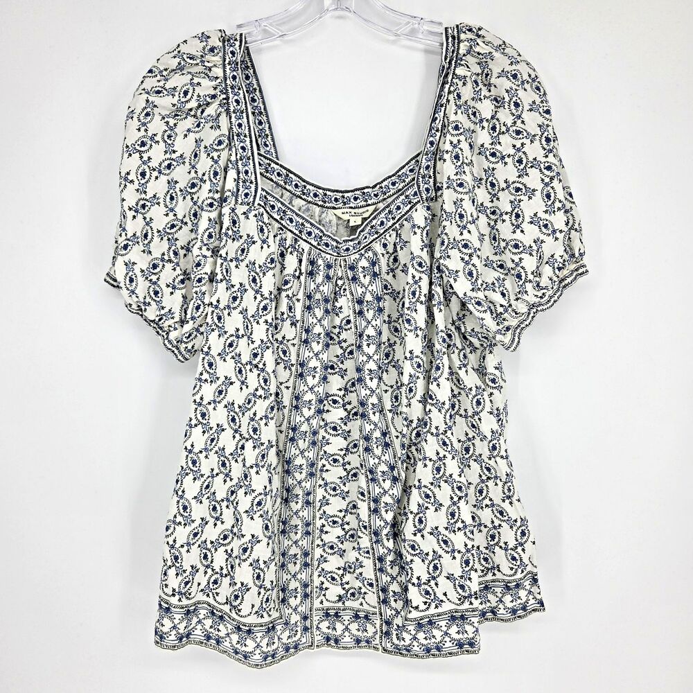 Max Studio London Womens Blue White Floral Square Neck Puff Sleeve Blouse L Boho